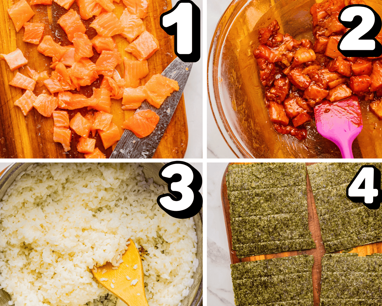 a 4 image collage showing how to dice salmon, marinate salmon, cook rice, and cut Nori.