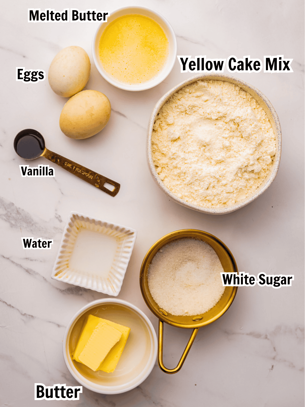 ingredients including yellow cake mix, melted butter, eggs, vanilla, water, butter, and white sugar.