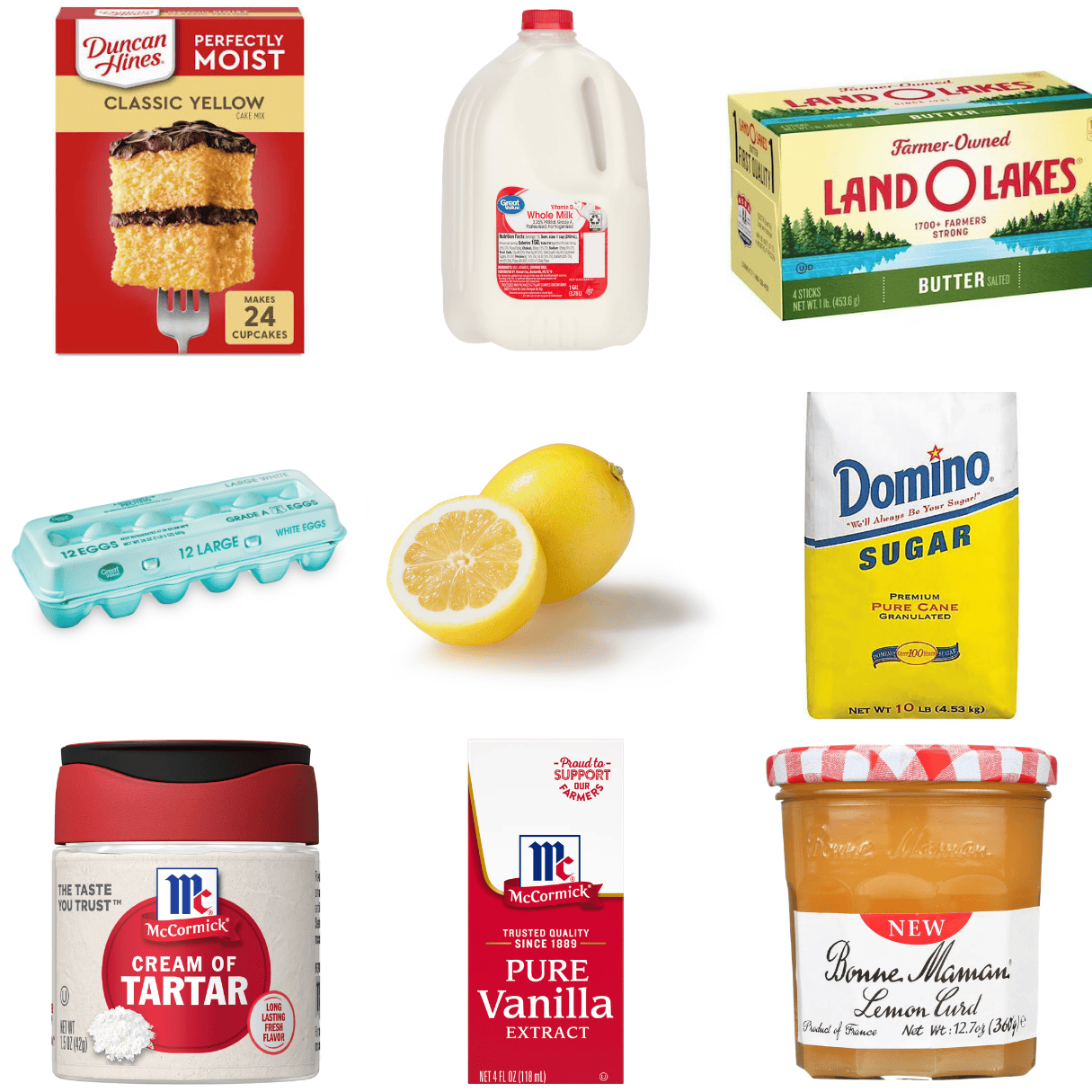 ingredients including cake mix, milk, butter, eggs, lemon, sugar, cream of tartar, lemon curd, and vanilla. 