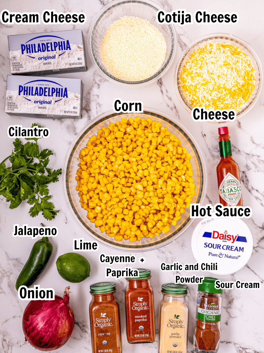ingredients including cream cheese, cotija cheese, corn, cilantro, jalapeno, onion, sour cream, lime, and hot sauce.