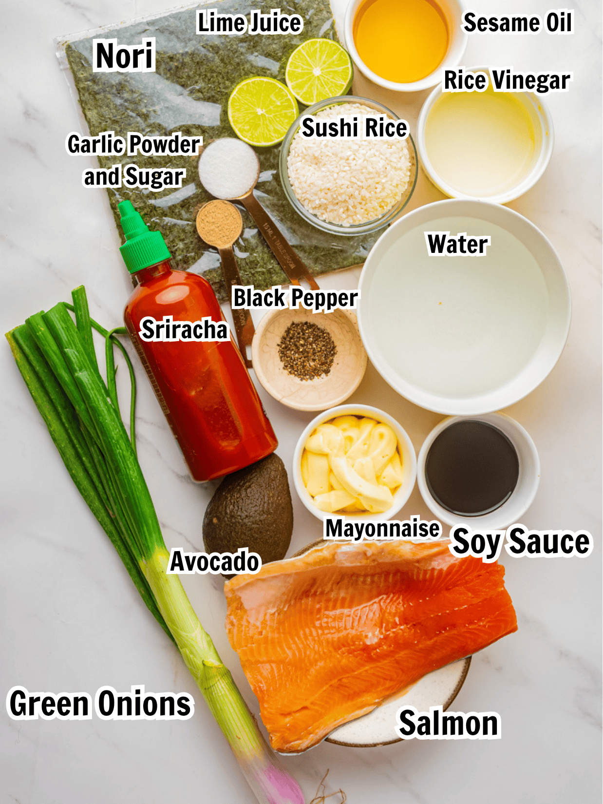 ingredients including salmon, nori, soy sauce, mayonnaise, sushi rice, rice vinegar, sugar, sriracha, and garlic powder.