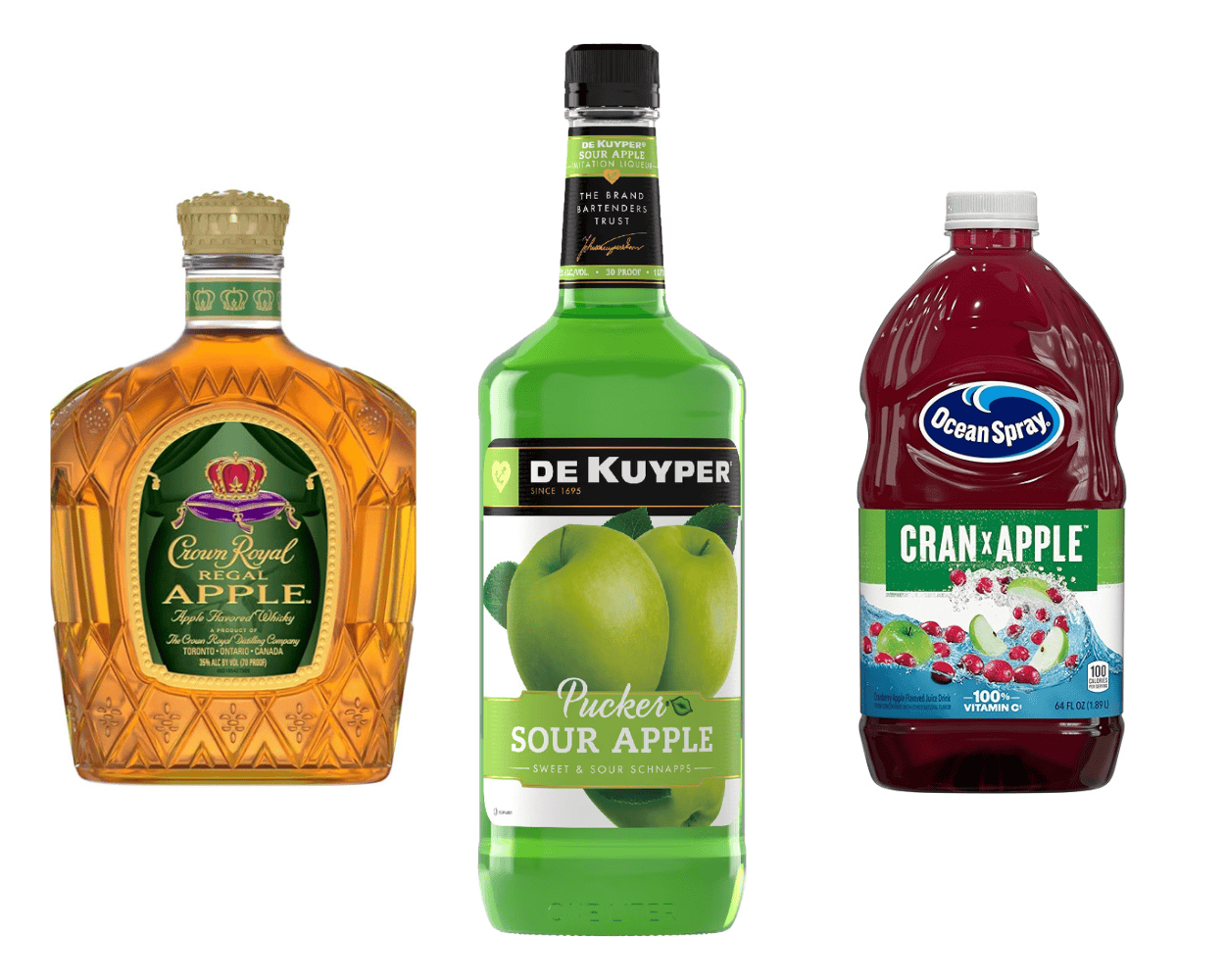 ingredients including Crown Royal Apple Whiskey, DeKuyper Pucker Sour Apple, and Cran Apple Juice