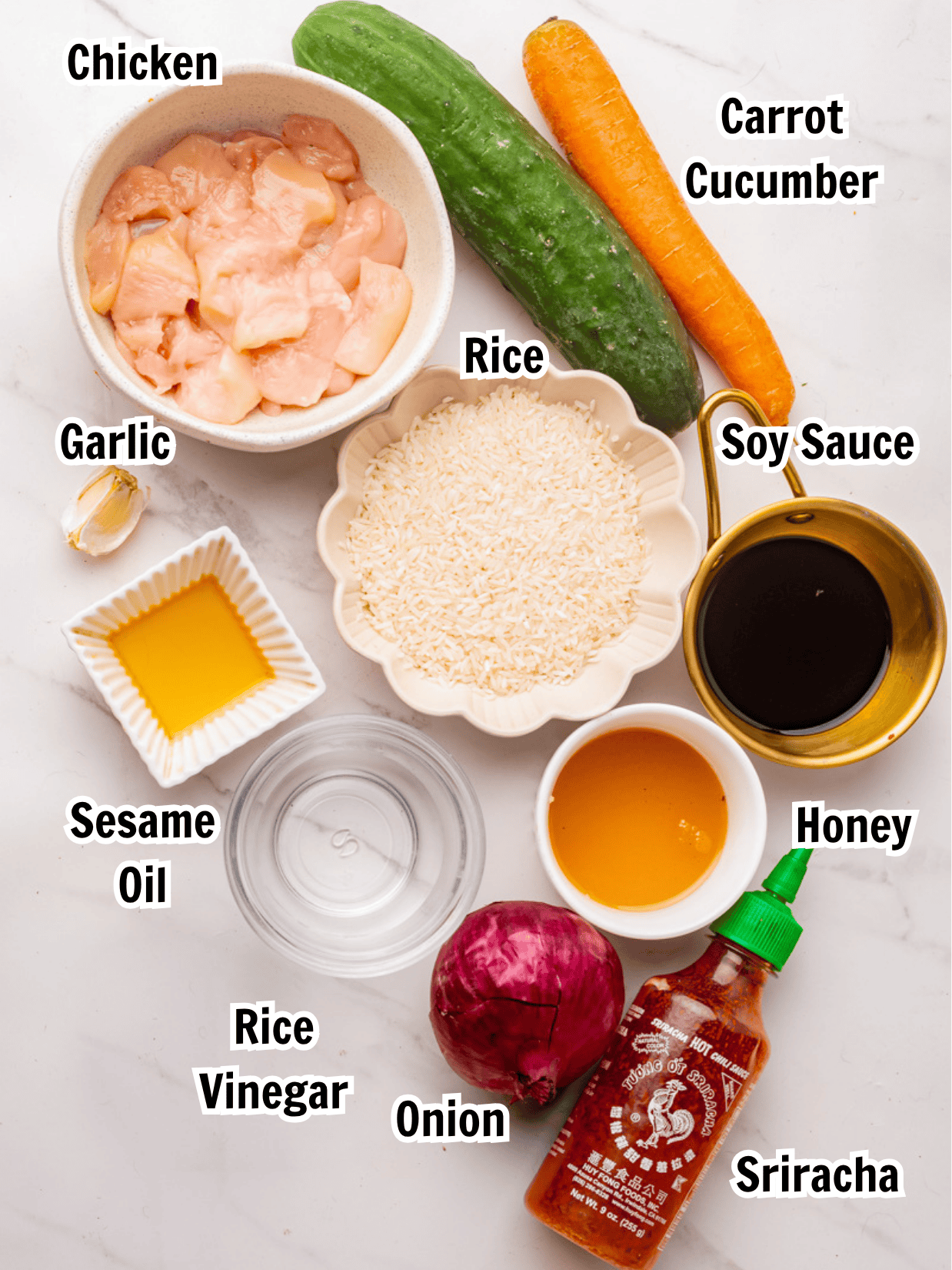 ingredients including chicken, rice, soy sauce, sesame oil, honey, rice vinegar, sriracha, cucumber, and carrots.