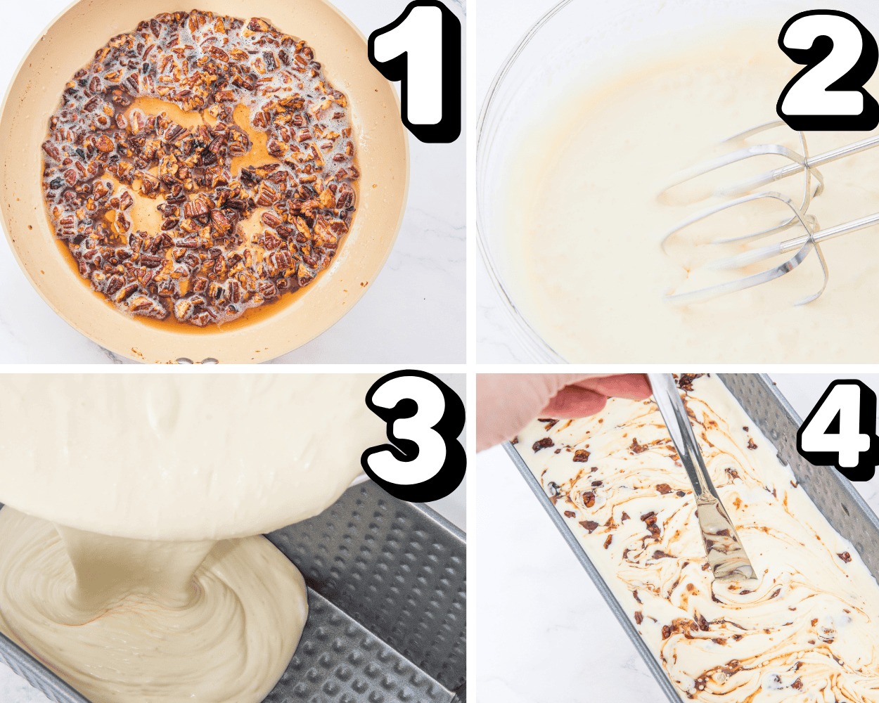 a 4 image collage showing how to caramelize pecans, mix the ice cream base, pour it in a loaf pan, and swirl the pecans.
