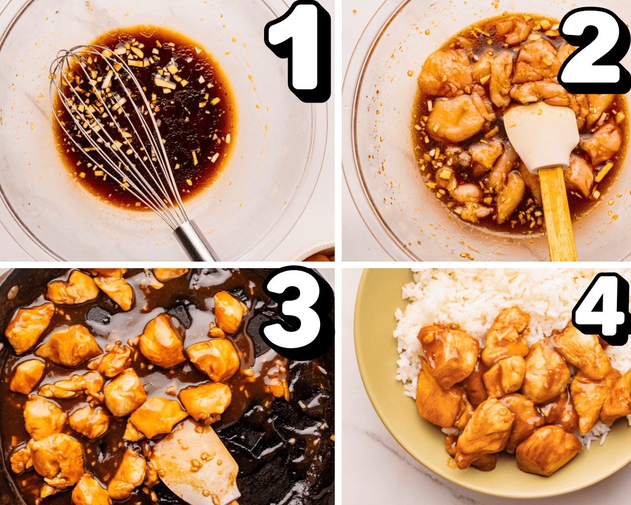 a 4 image collage showing how to make teriyaki sauce, marinate chicken, cook chicken, and serve it in a bowl with rice.