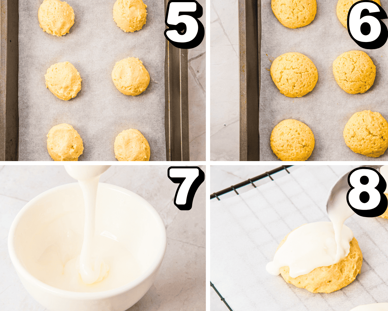a  4 image collage showing cookie dough and baked cookies on a pan and mixing up and spreading a glaze on cookies.
