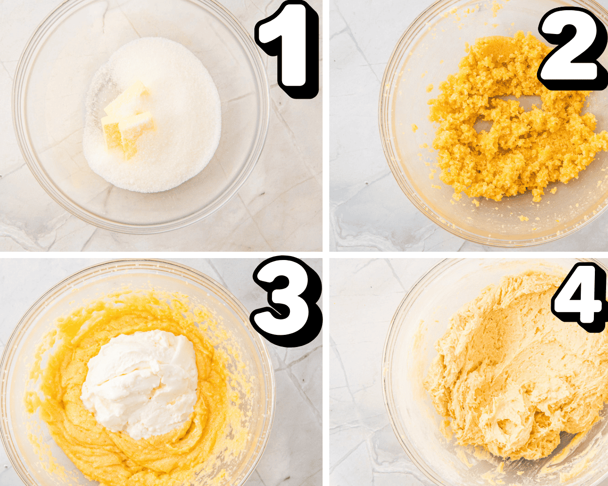 a 4 image collage showing how to cream butter and sugar, and mix in ricotta and flour to form a cookie dough.