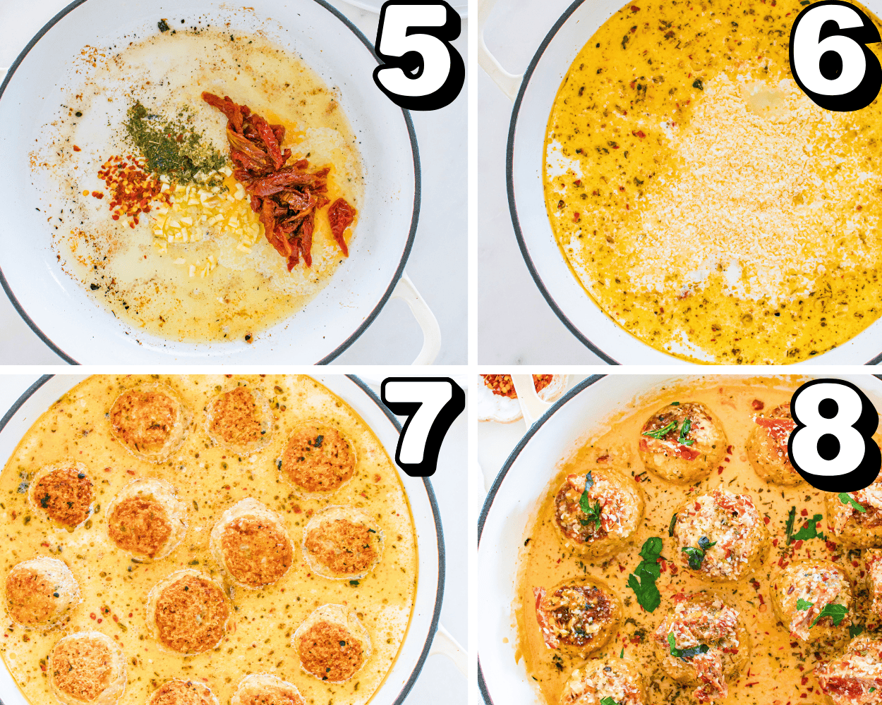 a 4 image collage showing how to make the sun dried tomato sauce, sear meatballs, and garnish with fresh herbs.
