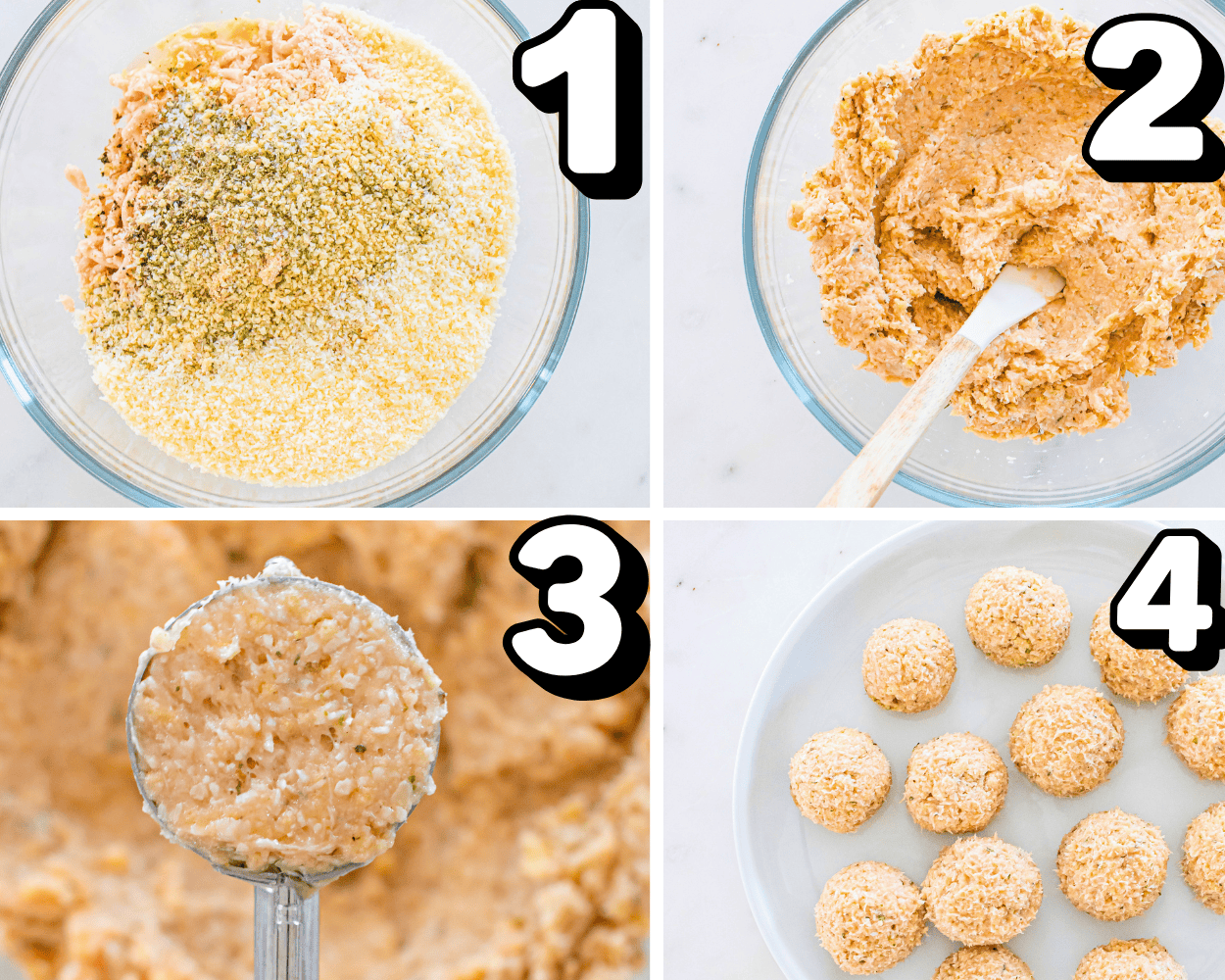 a 4 image collage showing how to mix chicken meatballs, and portion them with a cookie scoop.