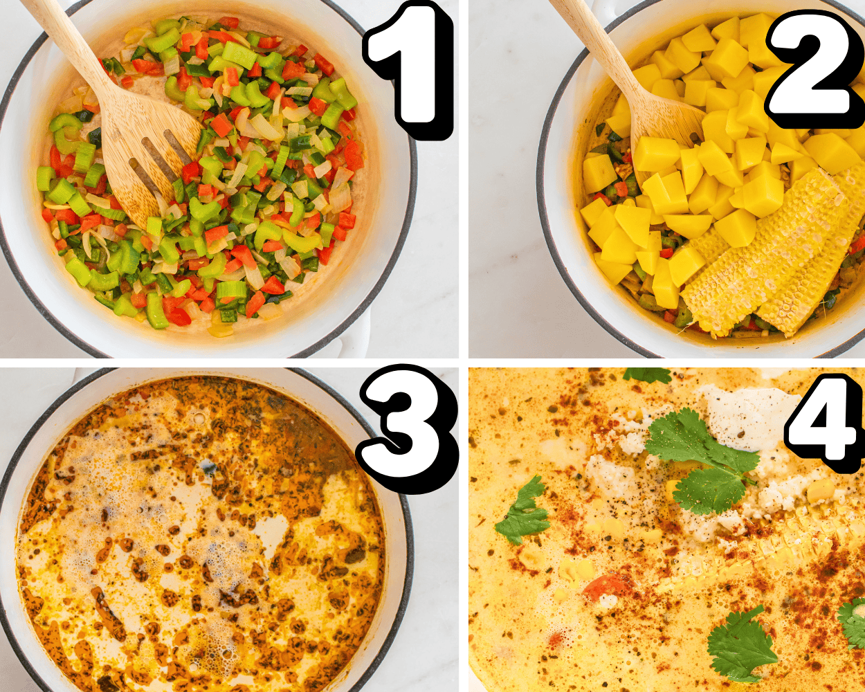 a 4 image collage showing how to sauté veggies, add potatoes, corn cobs, seasonings and garnish to corn chowder.