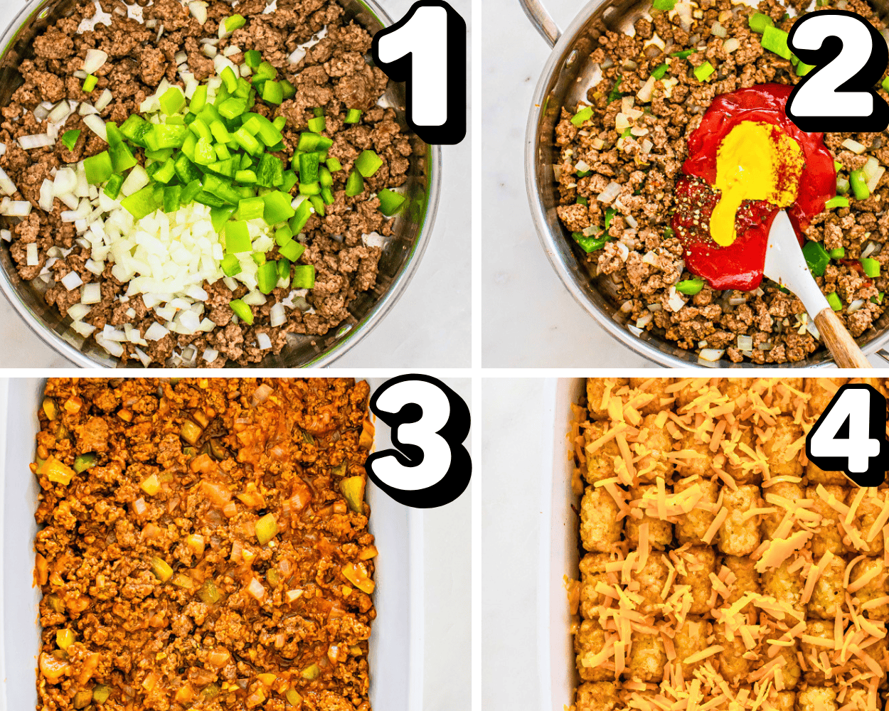 a 4 image collage showing how to brown beef, onions, and peppers, add ketchup and mustard and assemble a tater tot casserole.