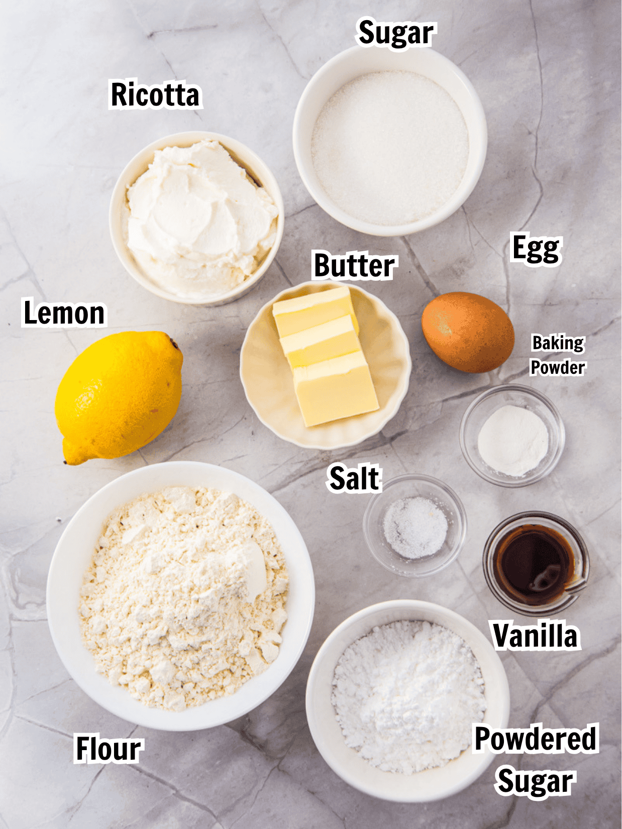 ingredients including ricotta, butter, sugar, egg, flour, lemon, baking powder, vanilla, and salt. 