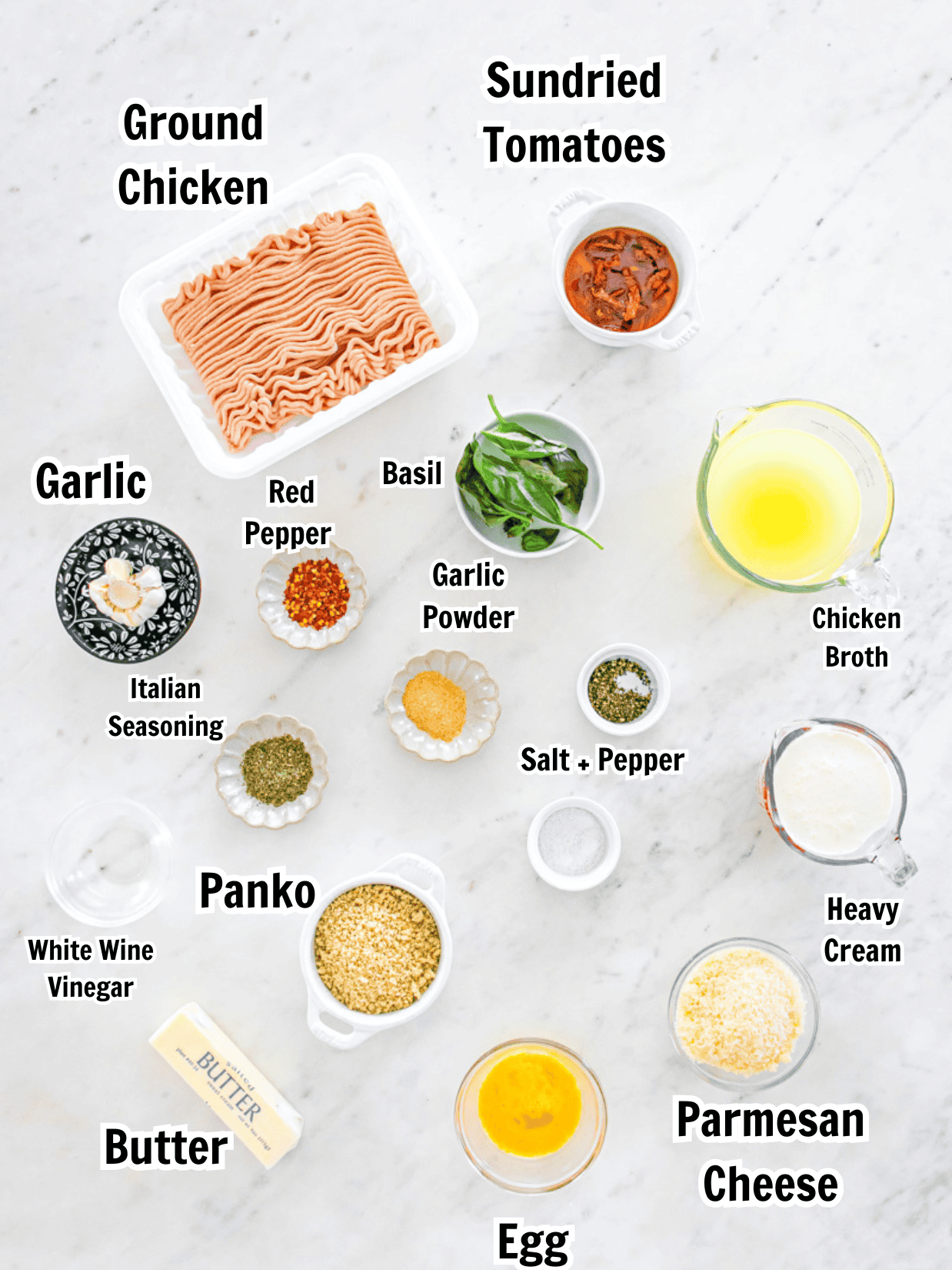 ingredients including chicken, sundried tomatoes, garlic, chicken broth, heavy cream, panko, butter, parmesan cheese, egg, and Italian seasoning.