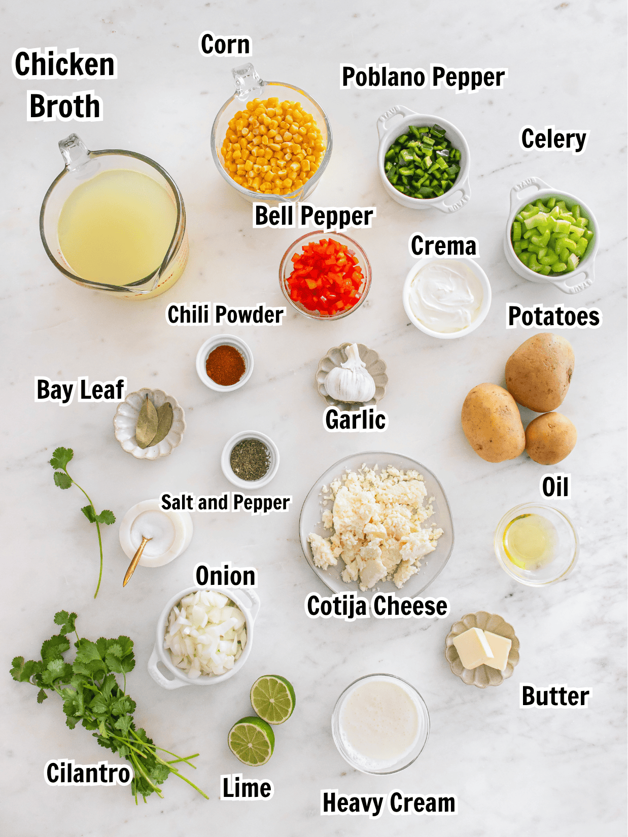 ingredients including corn, broth, heavy cream, lime, cotija cheese, potatoes, onion, cilantro, and crema.