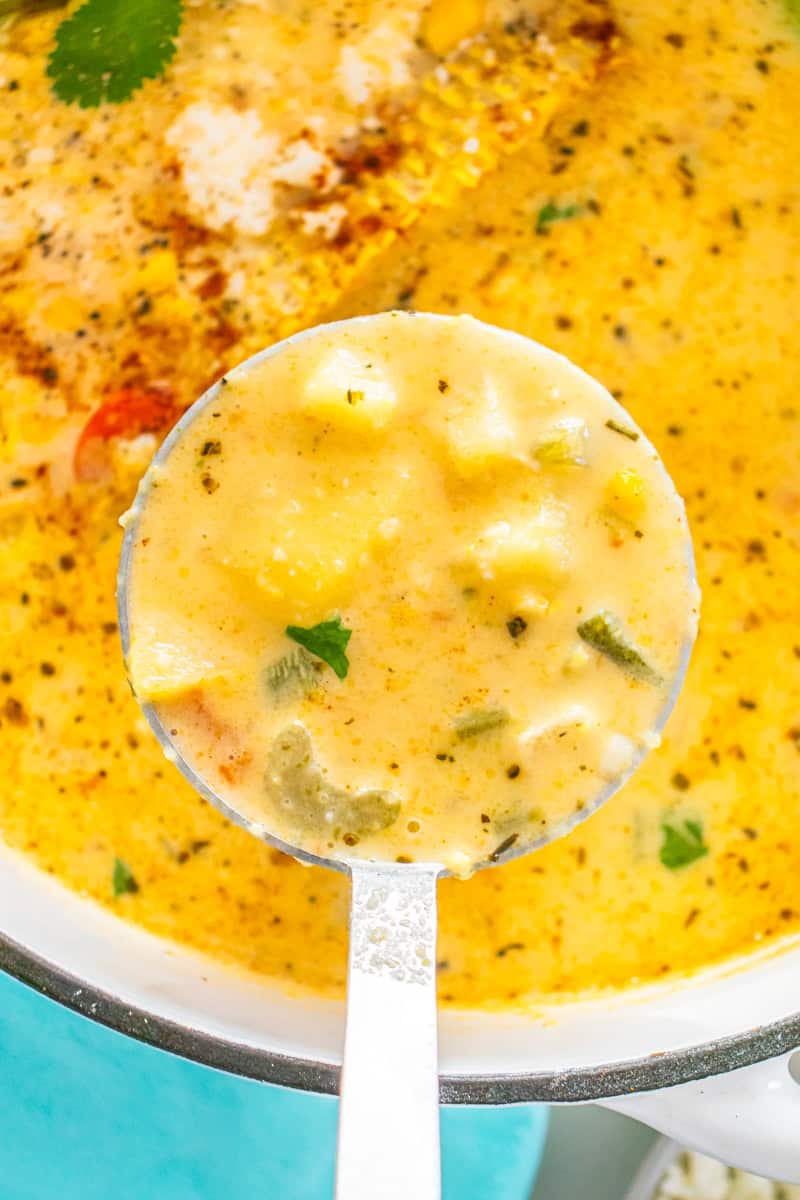 a closeup of a ladle of corn chowder with corn, celery, potatoes, and cilantro.