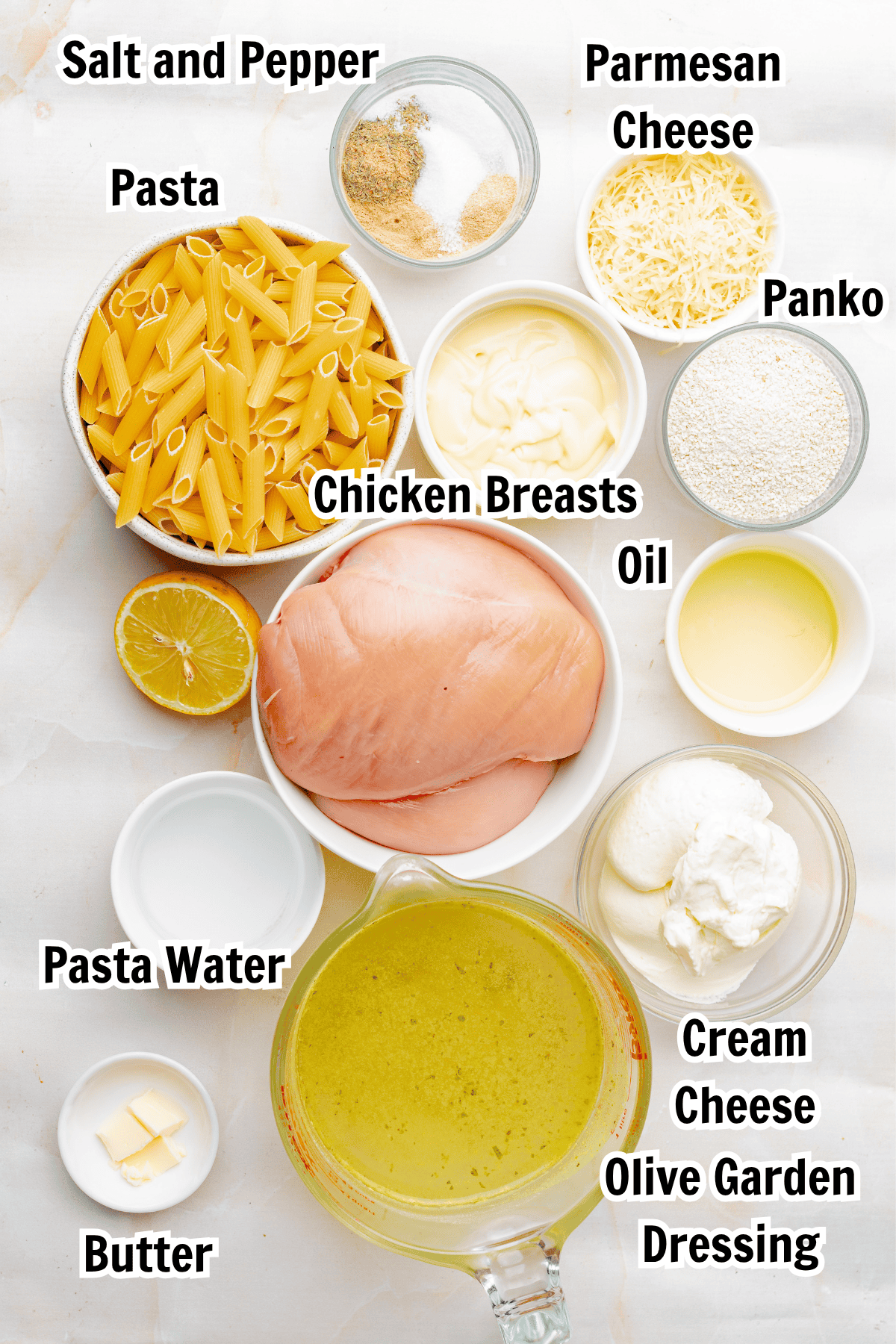 ingredients including chicken breasts, pasta, parmesan cheese, cream cheese, olive garden dressing, butter, and panko.
