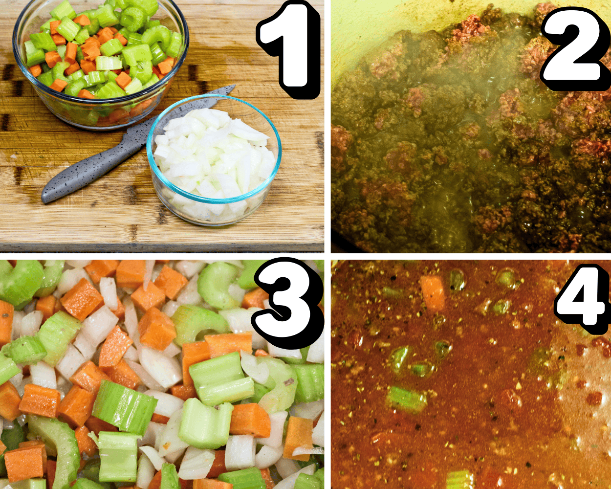 a 4 image collage showing how to brown beef, sauté vegetables and assemble the soup.