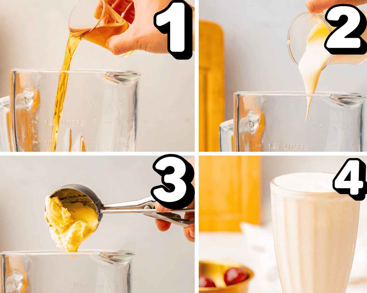 a 4 image collage showing how to add brandy, cream, and ice cream to a blender. 