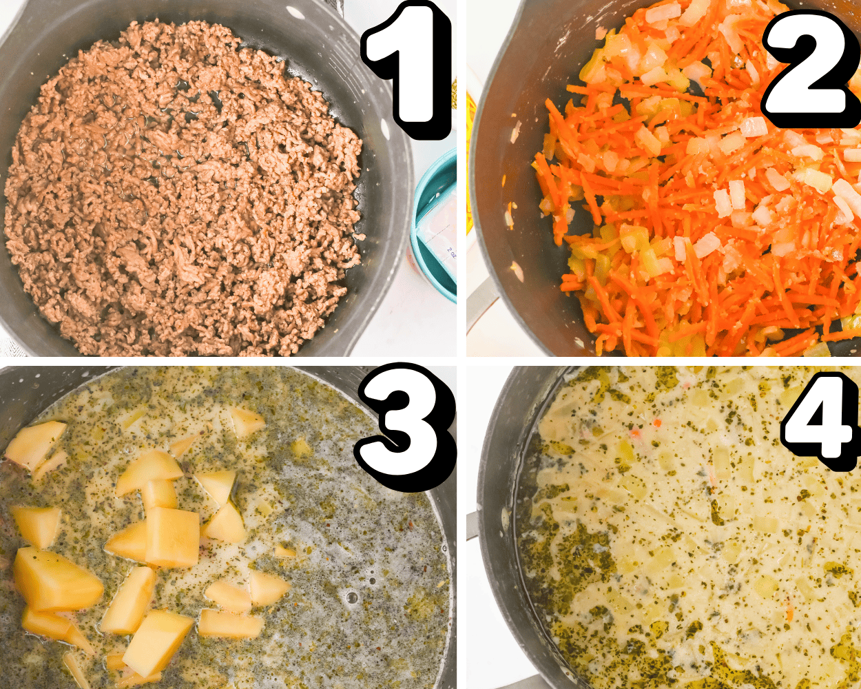 a 4 image collage showing how to brown ground beef, cook down veggies, add potatoes, and simmer the soup.