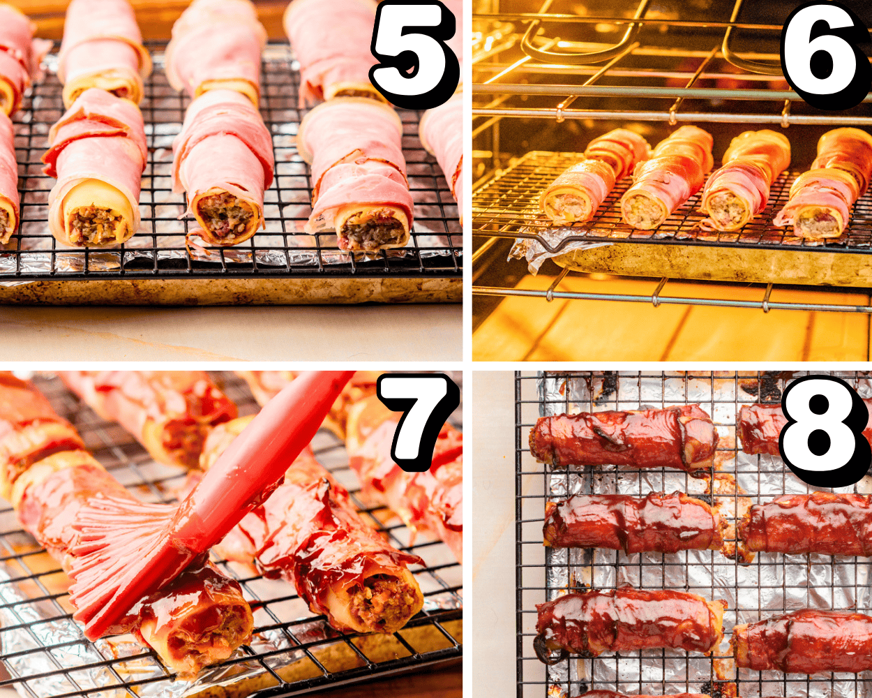 a 4 image collage showing how to bake shot gun shells on a wire rack and brush them with BBQ sauce.