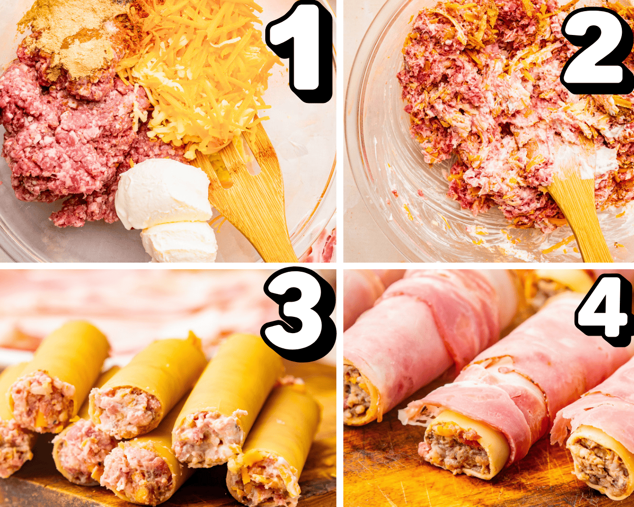 a 4 image collage showing how to mix the filling, stuff the pasta, and wrap it in bacon.