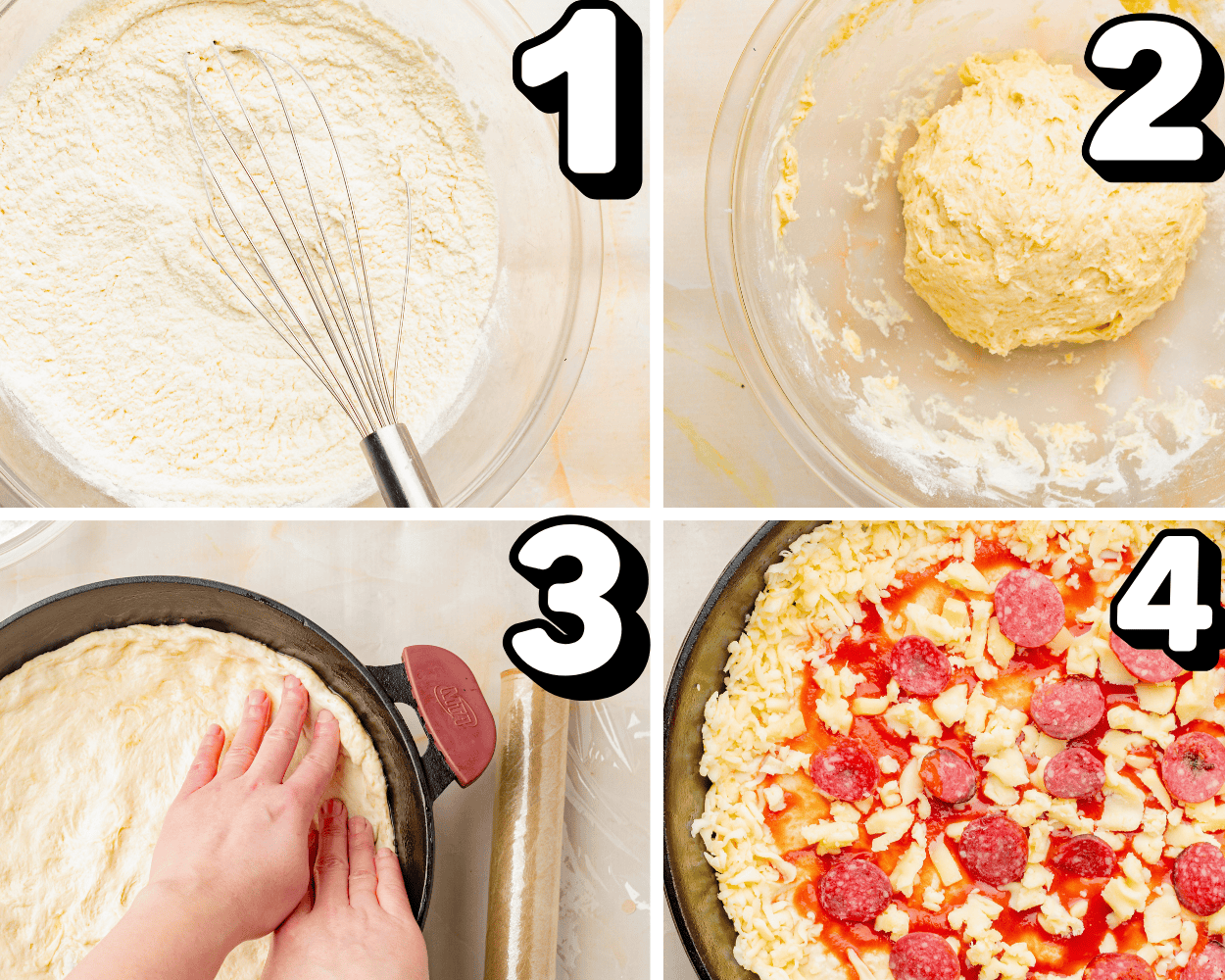 a 4 image collage showing how to mix, knead, and press the dough, and add the sauce and toppings.