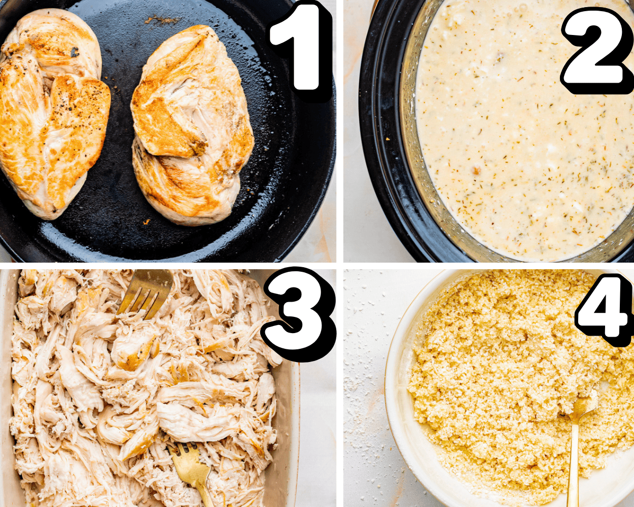 a 4 image collage showing how to sear chicken, make the sauce in the crock pot, shred the chicken, and toss panko with butter.