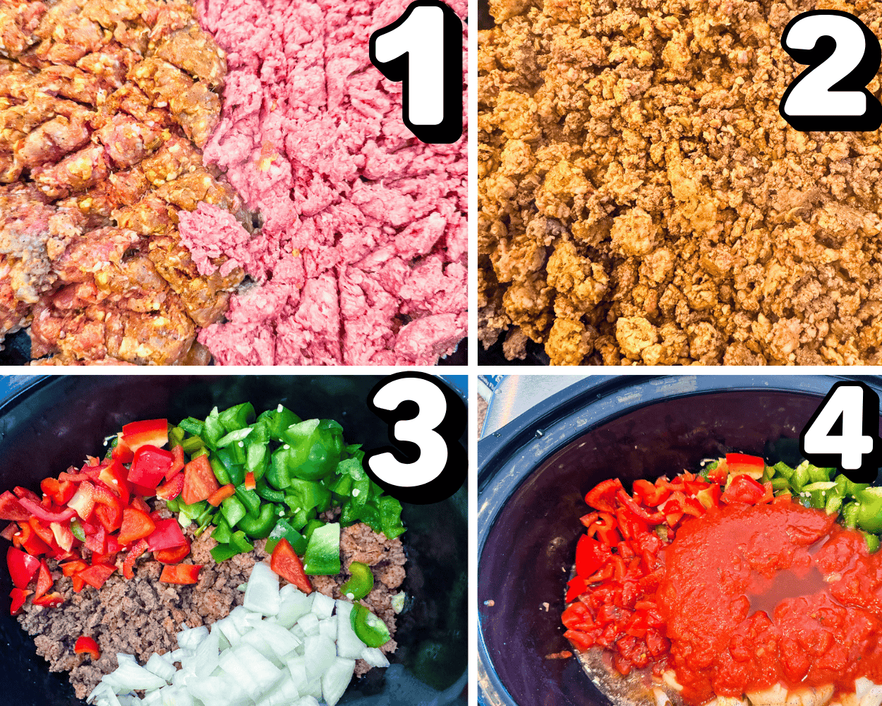 a 4 image collage showing how to brown beef and sausage, and add peppers, onions, and tomatoes.