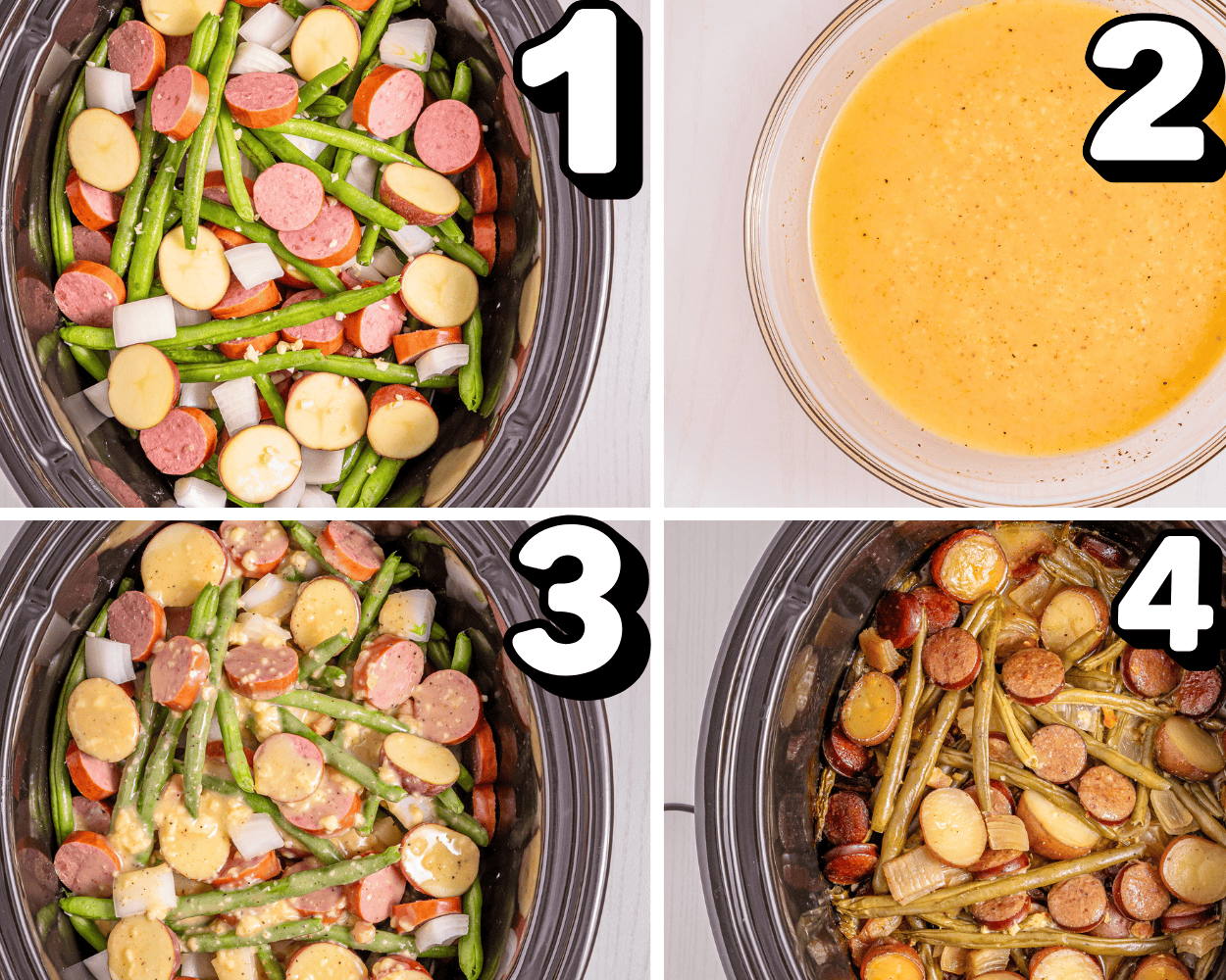 a 4 image collage showing how to layer ingredient sin the crock pot and make sauce for swamp potatoes.