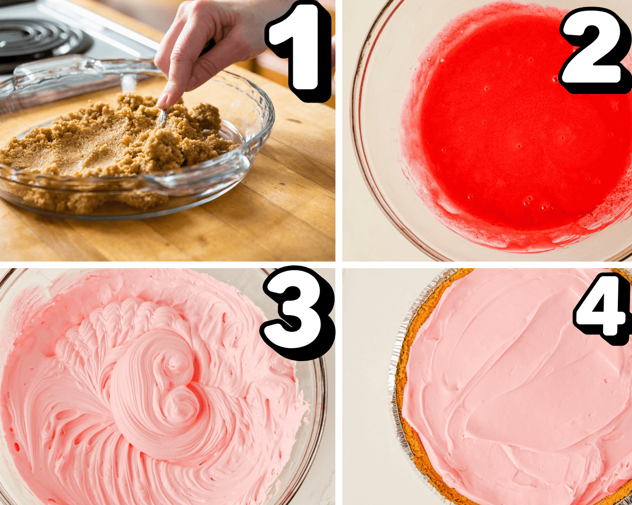 a four image collage showing how to make the crust and filling for Kool Aid pie.