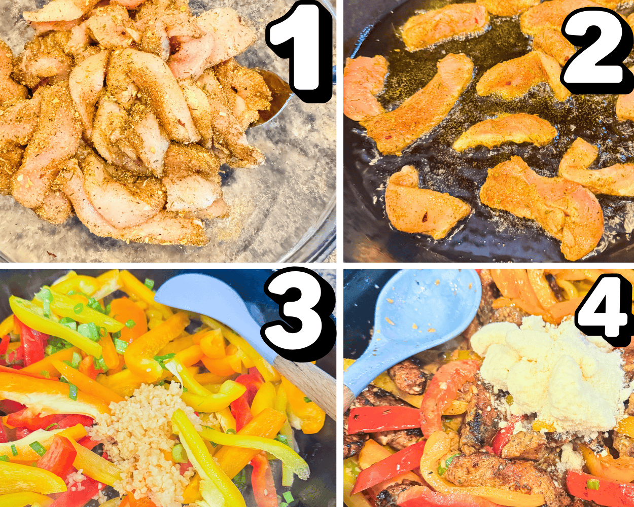 a 4 image collage showing how to season and brown chicken and cookie veggies for rasta pasta.