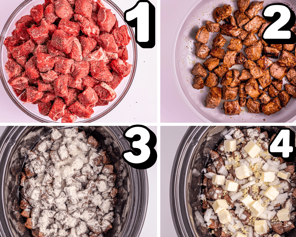 a 4 image collage showing how to season and sear steak and then top with ranch seasoning and butter in the crock pot.