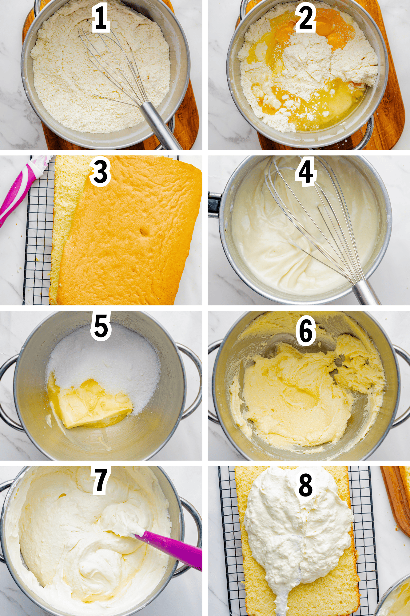 an 8 image collage showing how to mix the cake mix, bake the cake, combine the flour and milk, and make the frosting.