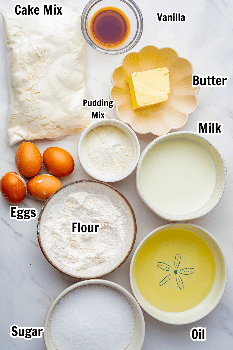ingredients including flour, butter, pudding mix, eggs, oil, milk, flour, sugar, and oil.