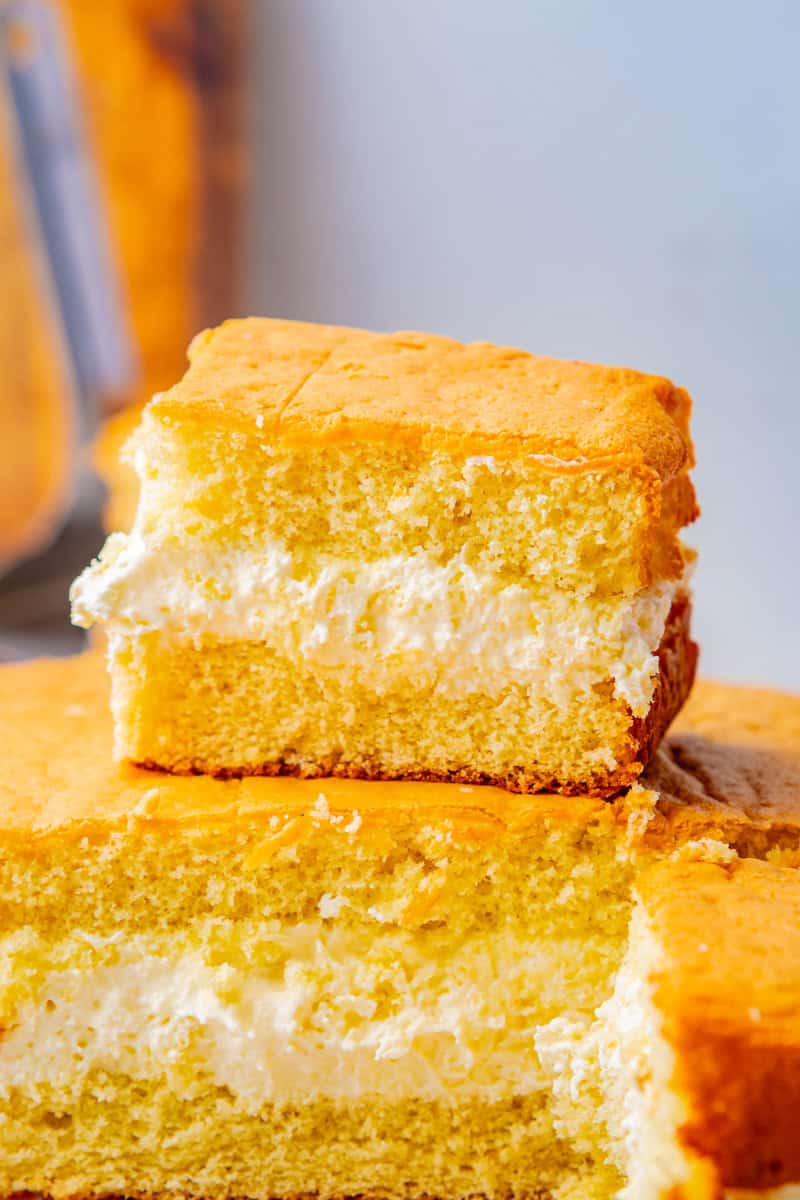 a yellow twinkie cake with ermine frosting in the middle.