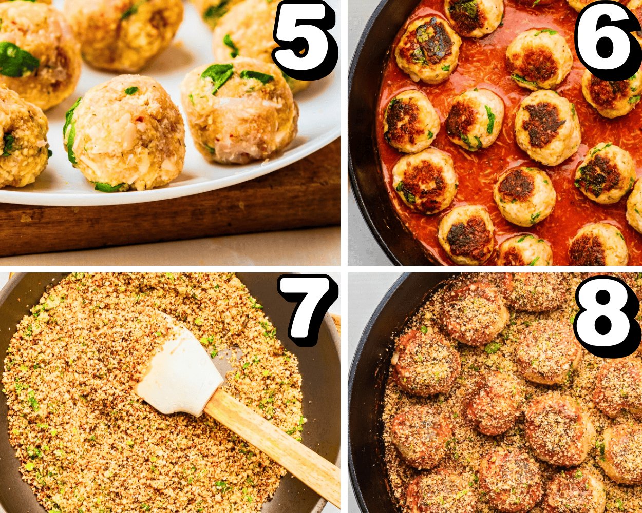 a 4 image collage showing how to roll meatballs, brown meatballs, and toast and sprinkle panko on top.