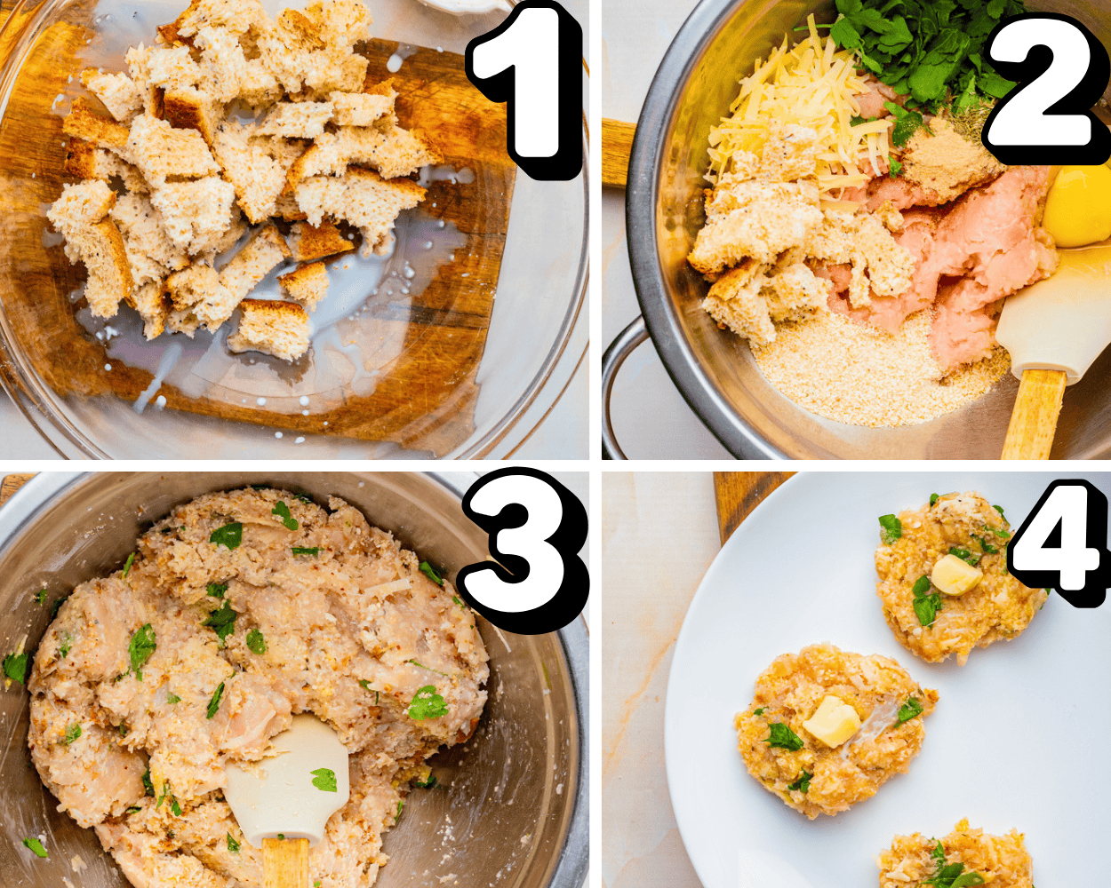 a 4 image collage showing how to make a panade, mix chicken meatballs, and stuff them with mozzarella cheese.
