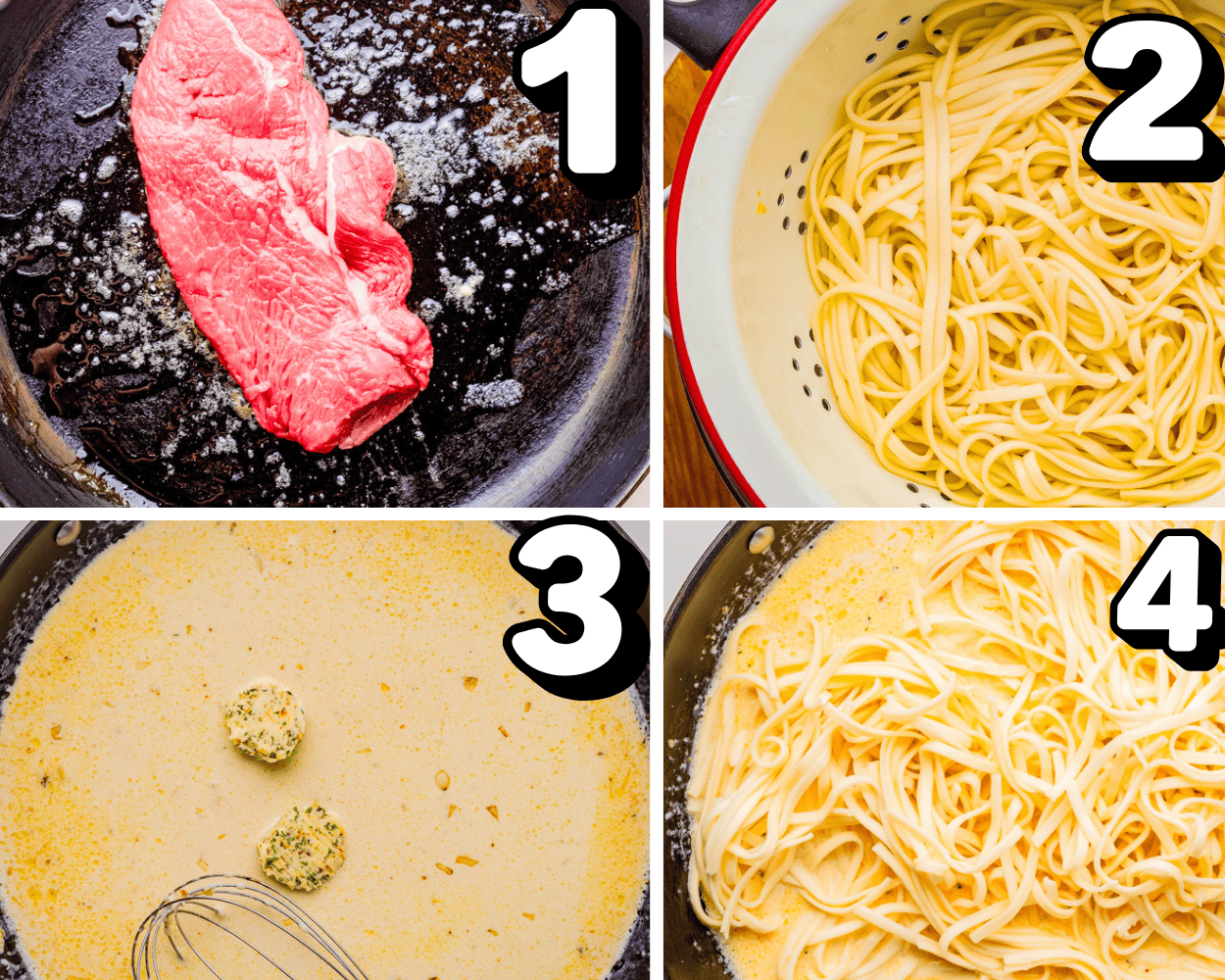 a 4 image collage showing how to sear the steak, cook the pasta, make a cowboy butter cream sauce, and toss the pasta with the sauce.