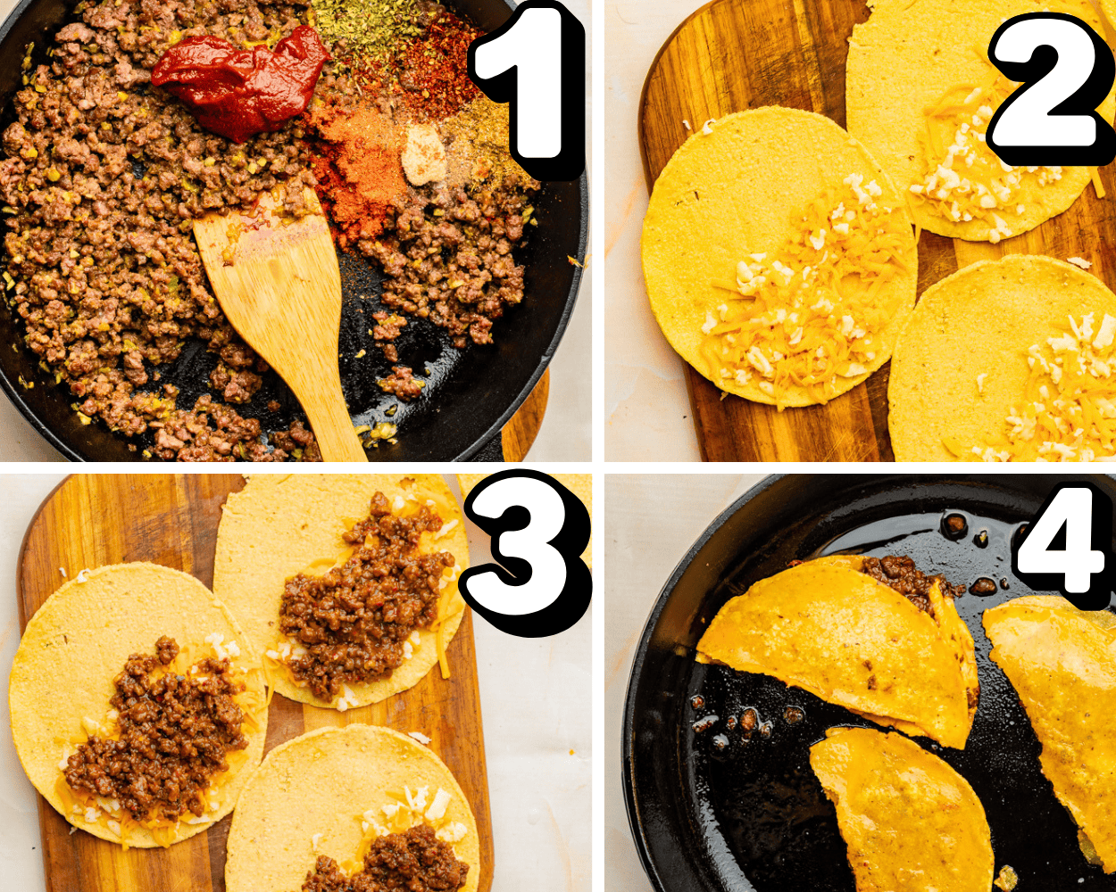 a 4 image collage showing how to brown ground beef, add seasoning, spread beef and cheese on tortillas and shallow fry them.