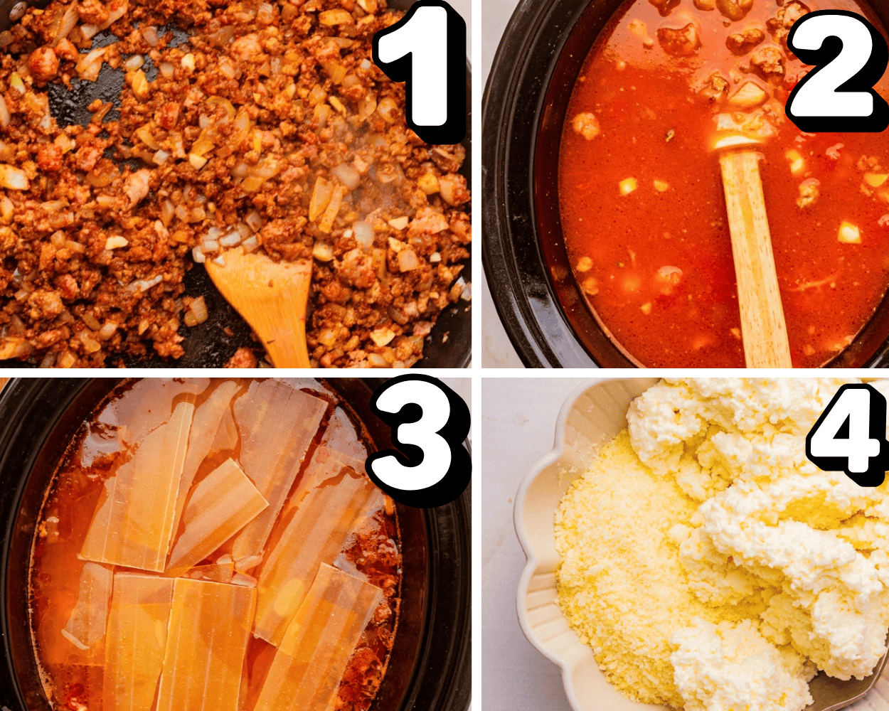 a 4 ingredient collage showing how to brown meat, adding ingredients to the slow cooker, and making the ricotta parmesan topping.