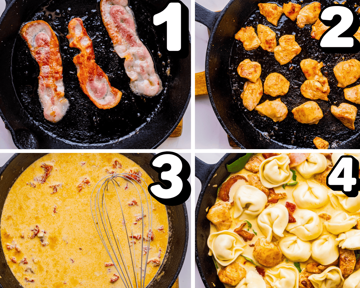 a 4 image collage showing how to fry bacon, cook chicken, make the sauce, and add in the tortellini.