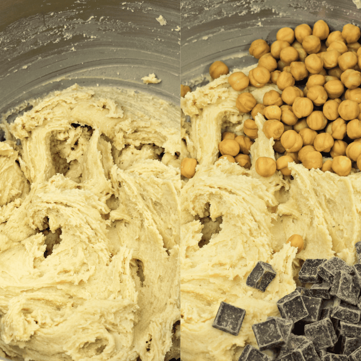 a 2 image collage showing how to make salted caramel chocolate chip cookie dough and add the mix ins.