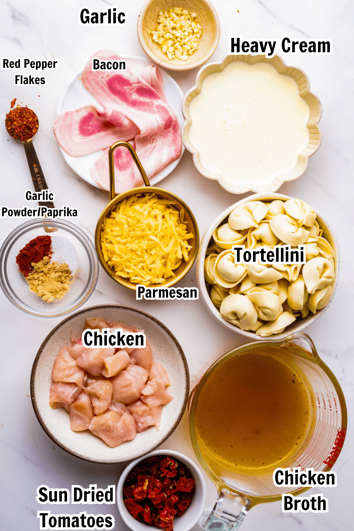 ingredients including chicken, tortellini, chicken broth, sun dried tomatoes, garlic, and parmesan.