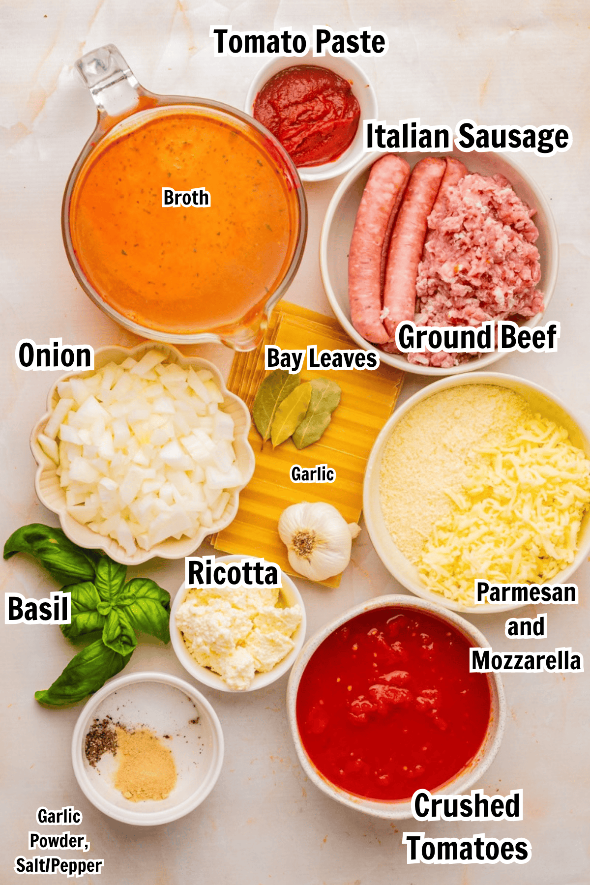 ingredients including ground beef, italian sausage, broth, onion, ricotta, mozzarella, garlic, bay leaves, crushed tomatoes, and basil.